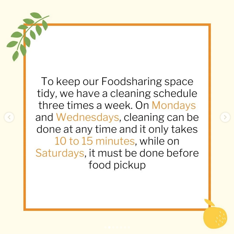 To keep our Foodsharing space tidy, we have a cleaning schedule three times a week. On Mondays and Wednesdays, cleaning can be done any time and only takes 10 to 15 mins. On Saturdays, it must be done before food pickup (17h).