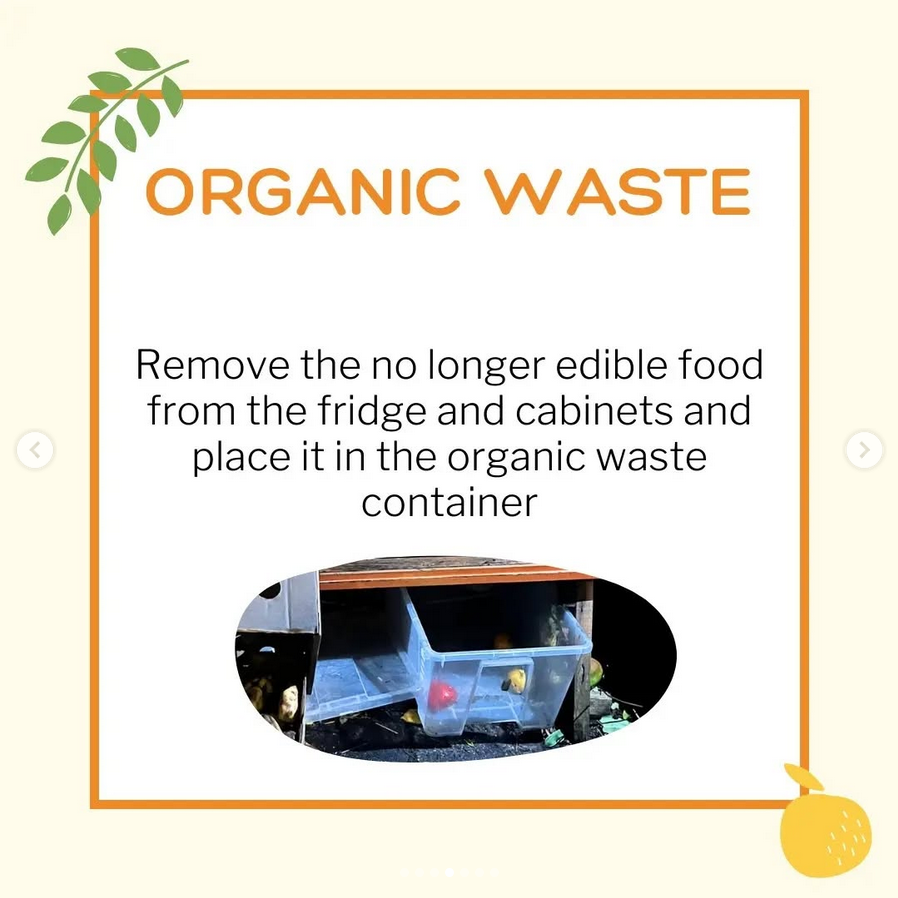 Remove the no longer edible food from the fridge and cabinets and place in the organic waste container under the bench.
